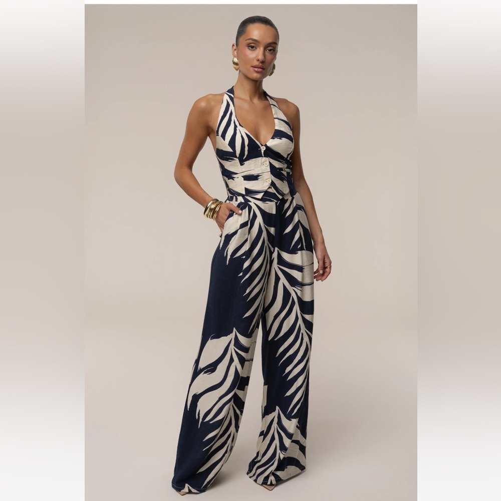 JLUXLABEL Halter Leaf Print 2 piece set in Olive and Cream